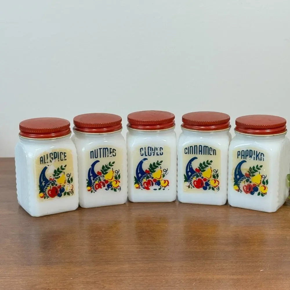 Vintage Frank Tea Spice Co Dove Milk Glass Spice Jar Set Cornucopia Red Lids 5pc
